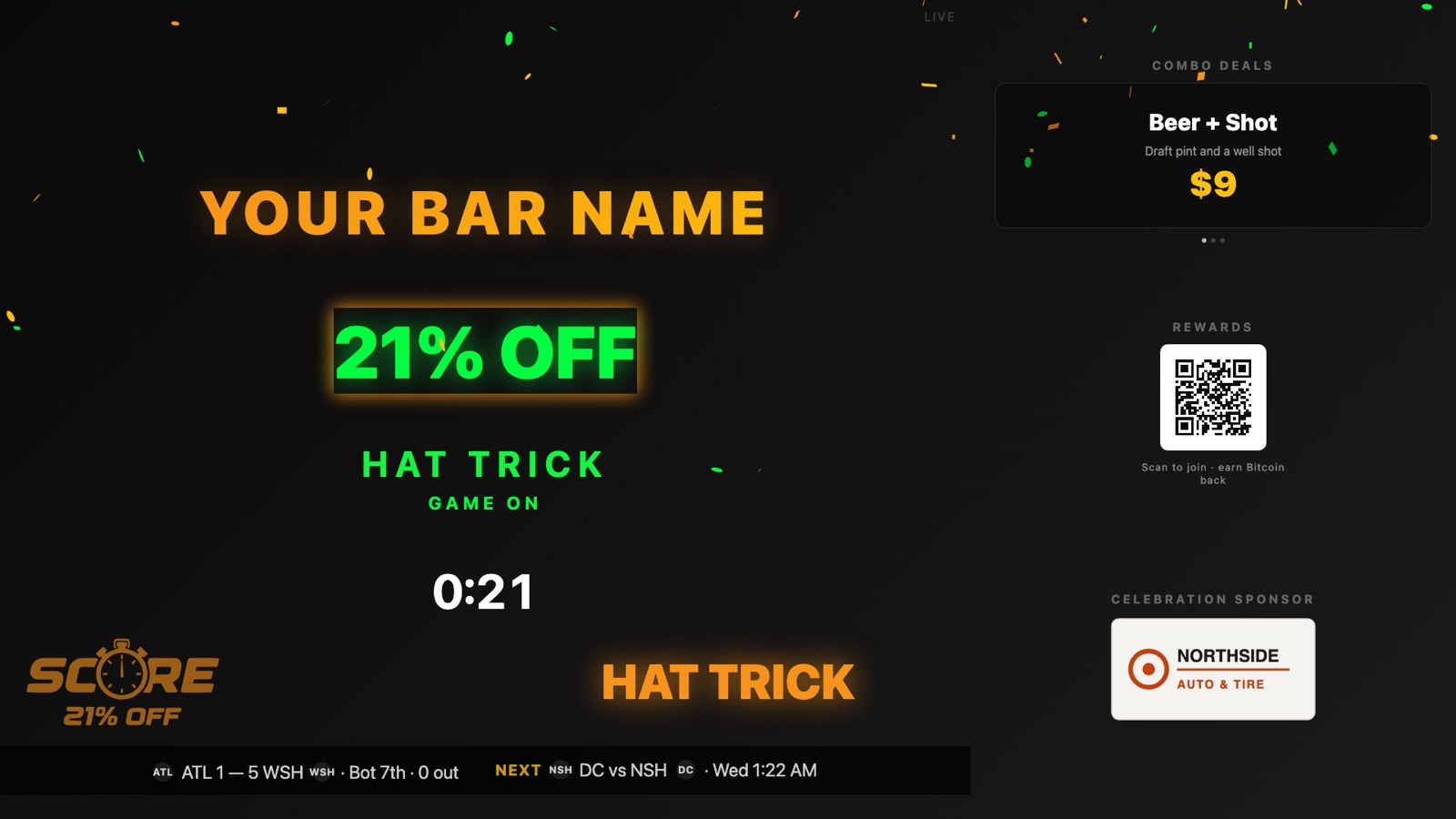 Hat-trick bonus mid-celebration: confetti across the wall, 21% OFF with a 0:21 countdown, HAT TRICK on the status line and again in the celebration banner, and all three right-column bands filled — combo deals, rewards QR, sponsor