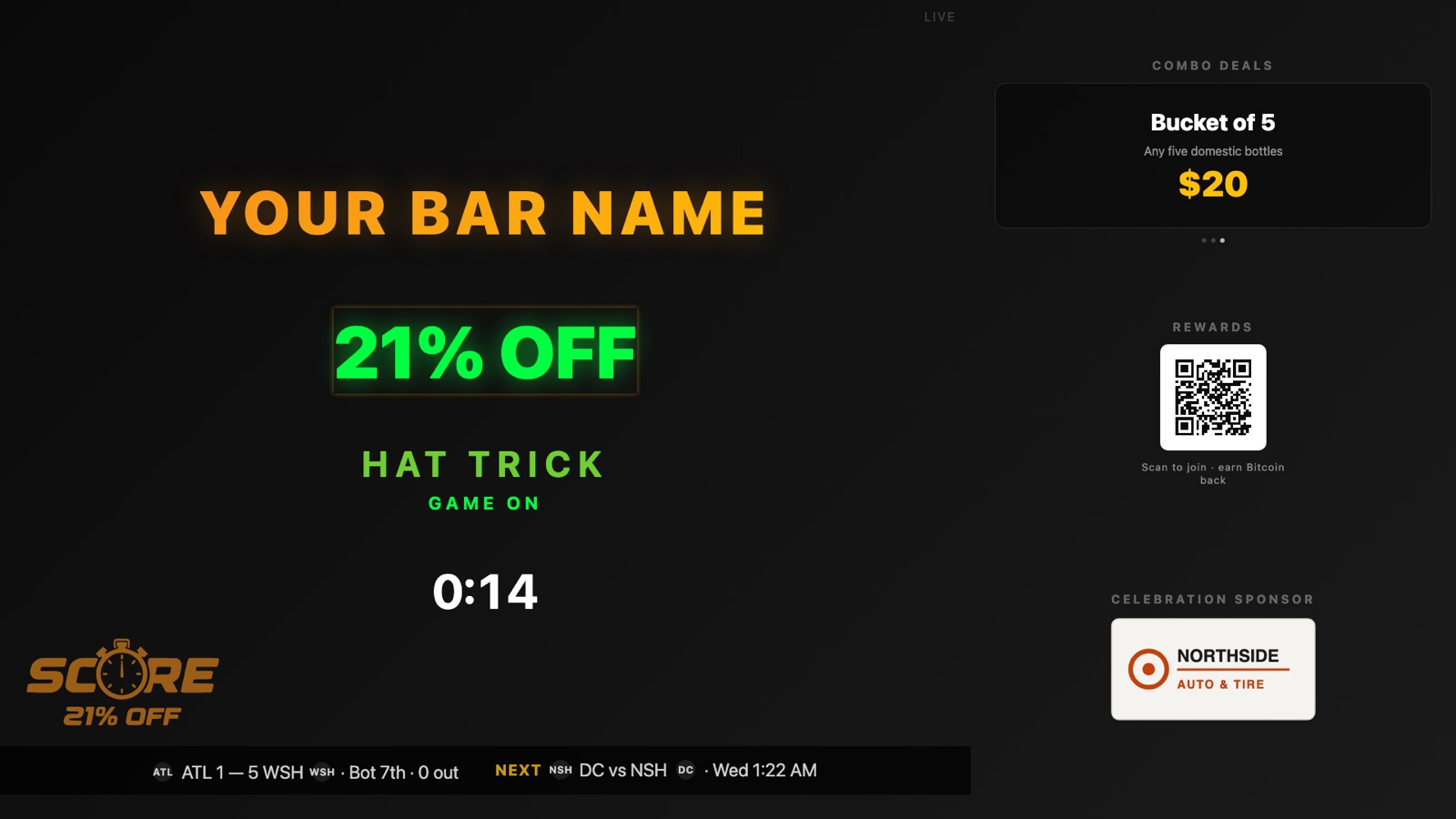 Sponsored wall display: 21% OFF with a 0:14 hat-trick countdown and GAME ON on the left, and the right column in three bands — combo deals on top, the rewards QR in the middle, a sponsor logo panel beneath