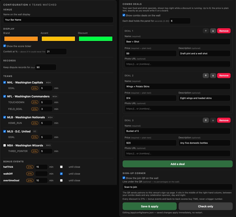 Configuration panel shown as two columns: venue name, display colours, ticker and confetti settings, record retention, each team with its triggers and durations, bonus event lengths, the venue's combo deals with prices and descriptions, and the rewards sign-up corner