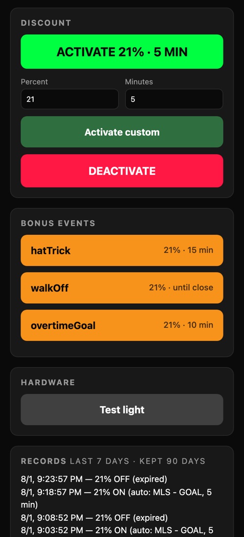 Staff control page on a phone: live status, activate and deactivate, bonus event buttons, light test, and the dispute records list