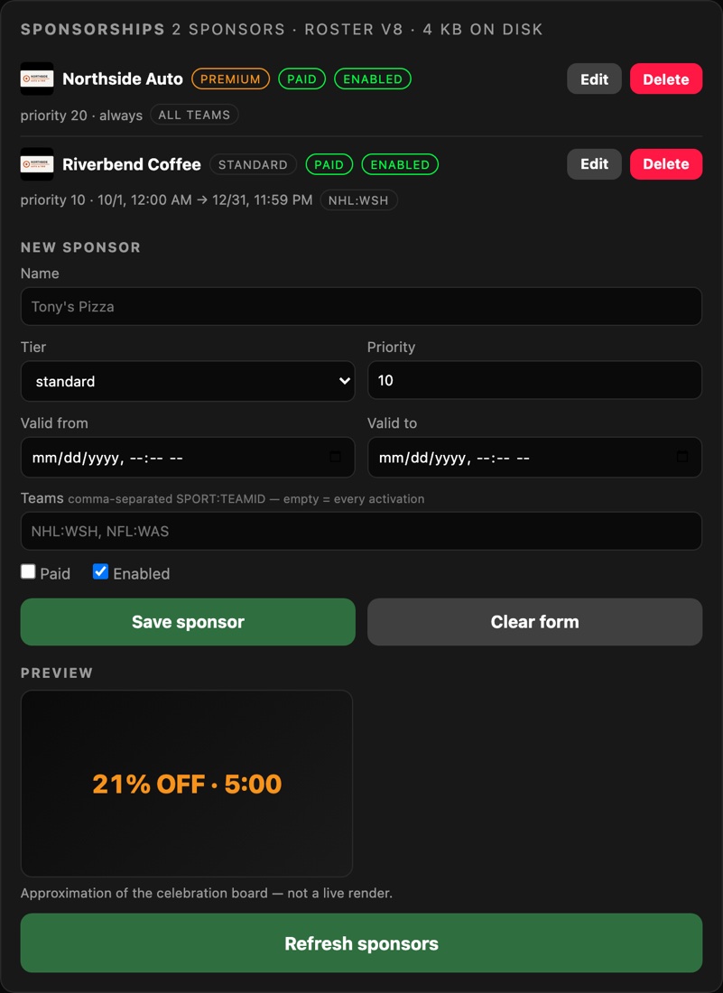 Staff sponsorship panel: sponsor list with tier and paid status, scheduling window, team scoping, logo upload, and a preview of the celebration board
